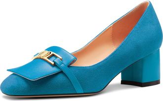 Castamere Womens Chunky Block Mid Heel Square Toe Slip-on Metal Chain Pumps Court Shoe Wedding Prom Dress 5 CM Heels Peacock Blue 3.5 UK