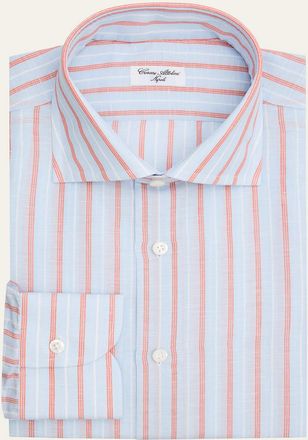 Cesare Attolini Mens Multi-Stripe Linen and Cotton Dress Shirt