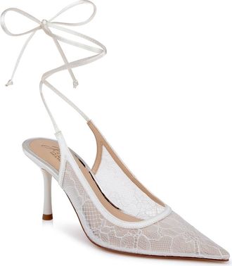 Badgley Mischka Bari Ankle Wrap Mesh Pump in Ivory Lace at Nordstrom, Size 6.5