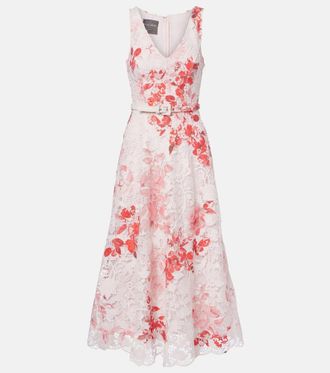 Monique Lhuillier Vestido midi floral con cintur&oacute;n