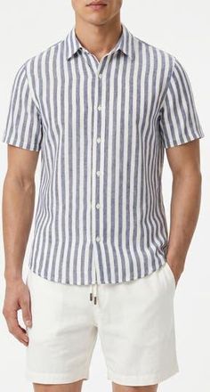 Onia Stripe Short Sleeve Linen & Cotton Blend Button-Up Shirt in Navy at Nordstrom Rack, Size Xx-Large