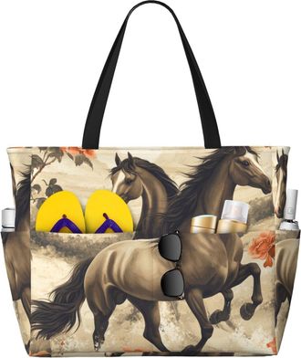 Generic Horse Floral Print Large Beach Bag Foldable Travel Shoulder Tote Bag With Pocket For Weekender Pool Vacation