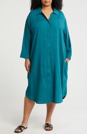 Boho Me Long Sleeve Button-Up Shirtdress in Teal at Nordstrom Rack, Size 1X