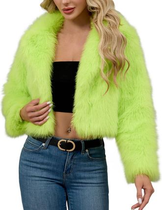 Generic Womens Faux Fur Cropped Coat Luxury Lapel Long Sleeve Fleece Jacket Plush Open Front Cardigan Windproof Outwear Coats Winter Warm Super Soft Thick Sho