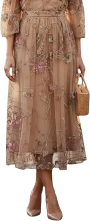 Bigio Collection Sheer Floral Embroidered Midi Skirt In Tan