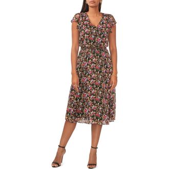 Chaus Floral Smocked Waist Midi Dress in Fuchsia/purple/gold at Nordstrom, Size X-Large