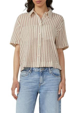 QS by s.Oliver Hemdbluse QS, Damen, Gr. 40, rosenholz ecru, Obermaterial: 100% Baumwolle, gestreift, regular fit taillenbedeckt, Blusen Hemdbluse, mit Streifen Muste