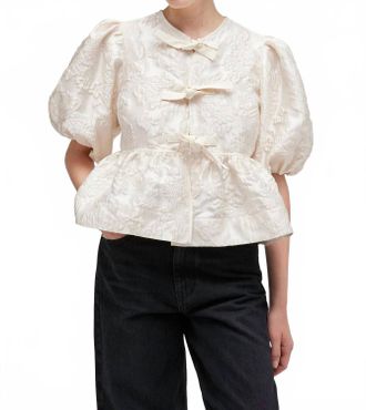 Ganni Satin Cloque Peplum Blouse In Egret