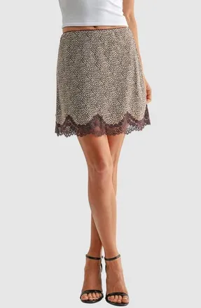 All in Favor Lace Trim Bias Cut Miniskirt in Brown Cream at Nordstrom, Size X-Small