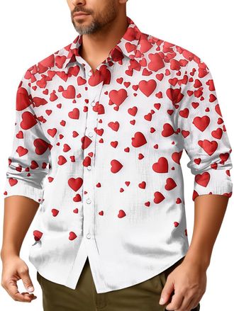 Generic Valentines Day Fashionable Lapel Men Shirt Long-Sleeved with Heart Print Pattern Casual Loose Top for Husband Gift Red