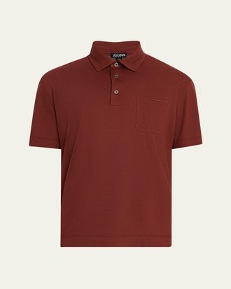 Ermenegildo Zegna Mens Cotton Polo Shirt with Leather-Trim Pocket