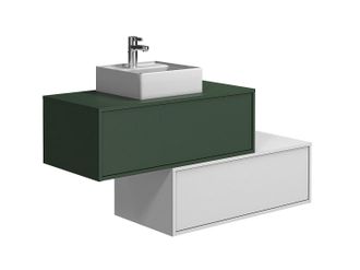 Vente-Unique Mueble flotante de ba&ntilde;o en verde y blanco con lavabo individual y dos cajones - 94 cm - TEANA II