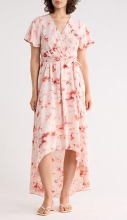 West K Faux Wrap High Low Midi Dress in Orange Tie Dye at Nordstrom Rack, Size X-Large