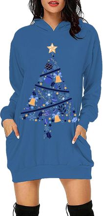 Generic Women Christmas Party Dress Ladies Elegant Vintage 50S Tree Printed Graphic High Waist Plush Plus Size Santa Claus Costume Gift for UK Blue