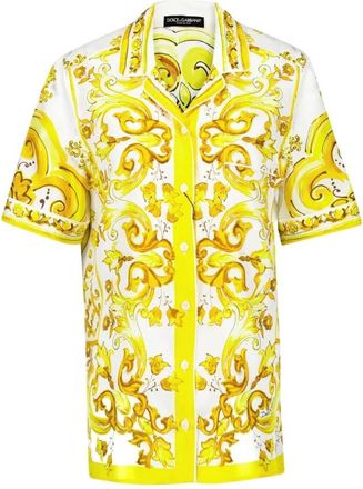 Dolce & Gabbana Majolica Print Zijden Twill Blouse met Korte Mouwen - Dames - Overhemden - Geel - XS - Overhemden