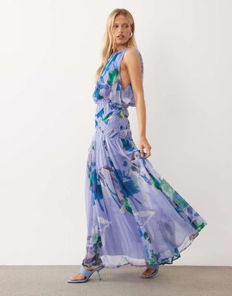 Asos vestito maxi con dettaglio in vita drappeggiato, arricciato e con stampa floreale sfumata-Multicolore