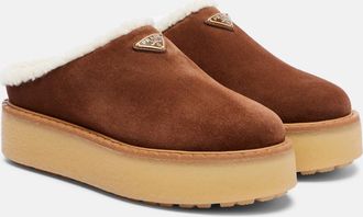 Prada Evolve shearling-trimmed suede platform mules