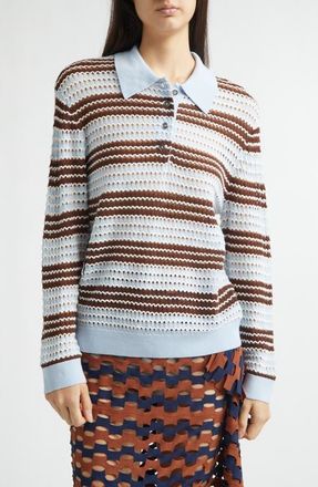 Zankov Ryan Pointelle Stripe Merino Wool Polo in Baby Blue at Nordstrom, Size X-Small