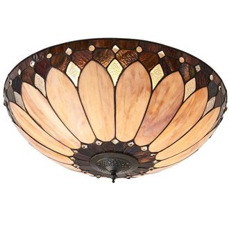Loops Tiffany Glass Semi Flush Ceiling Light Cream Bronze Round Inverted Shade i00036 in Clear
