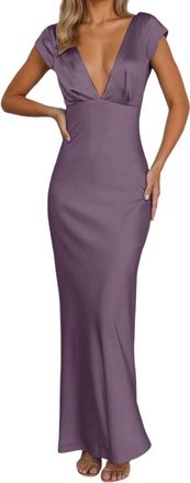 Generic Dresses Satin of The Bride Dresses for Women V Neck Cap Sleeve Formal Wedding Guest Dress (Purple, L)