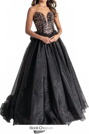 Rachel Allan Cheetah Print Strapless Prom Gown In Black