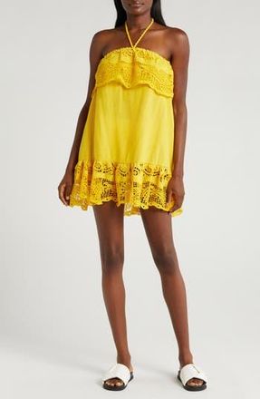 Farm Rio Guipure Lace Halter Linen Blend Cover-Up Minidress in Yellow at Nordstrom Rack, Size X-Large