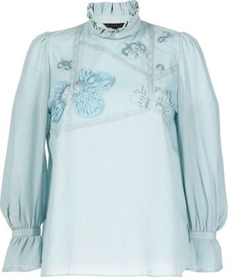 Shiatzy Chen floral-appliqu&eacute; crop-sleeve blouse - women - Mulberry Silk/Polyamide/Polyamide/Mulberry Silk - 38 - Blue