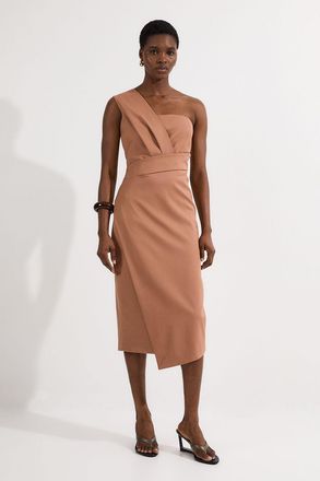 Karen Millen Womens Tailored One Shoulder Tuck Detail Pencil Midi Dress - Beige - Size 10 UK