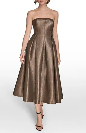 DKNY Metallic Pleated Strapless Fit & Flare Cocktail Dress in Vicuna at Nordstrom, Size 12