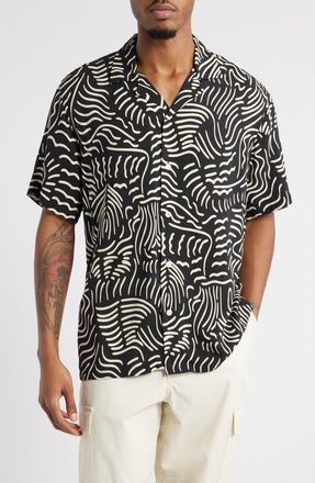 OAS Lorenzo Abstract Botanic Print Viscose Camp Shirt in Black at Nordstrom, Size Xx-Large