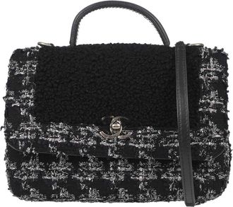 Chanel Top Handle Shearling With Tweed Black Tweed Handbag (Pre-Owned)