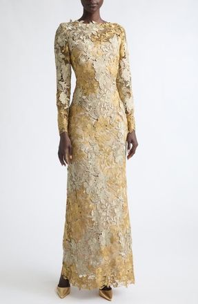 Oscar De La Renta Hibiscus Metallic Long Sleeve Guipure Lace Gown in Gold/white Gold at Nordstrom, Size 6
