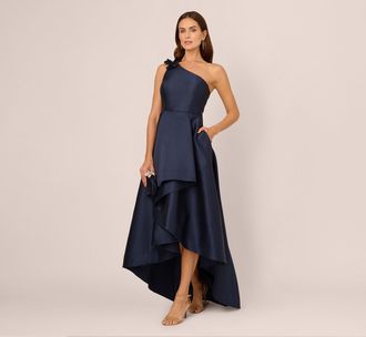 Adrianna Papell One Shoulder Draped Mikado High Low Gown In Midnight