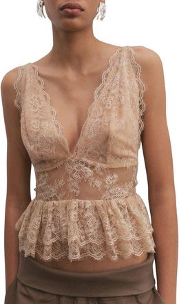 Mango Amor Plunge Neck Ruffle Trim Lace Top in Light Beige at Nordstrom, Size Medium