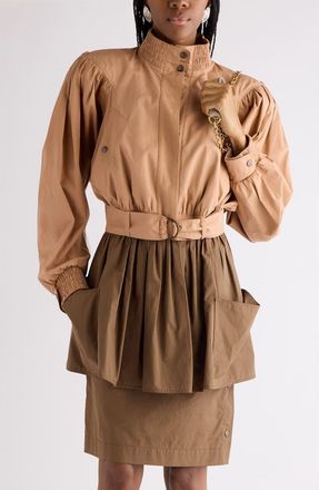 Chlo&eacute; Crop Gathered Cotton Poplin Jacket in Reef Shell at Nordstrom, Size 42