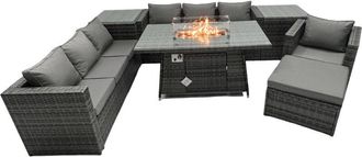Fimous Fimous Rattan Garden Furniture Firepit Dining Set 8 Seater Lounge Sofa Table Set with 2 side table big Footstool