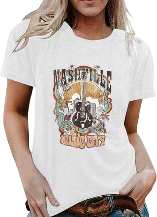 Generic Oversized Rock Band T-Shirt Women Country Music Shirt Tops Nashville Music City Tee Tops Vintage Guitar Wings Graphic Tees