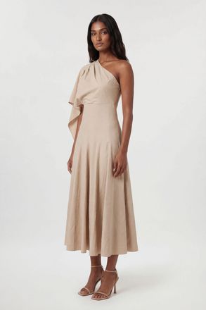 Karen Millen Womens Petite Premium Tailored Linen High Neck One Shoulder Full Midi Dress - Champagne Viscose - Size 16 UK