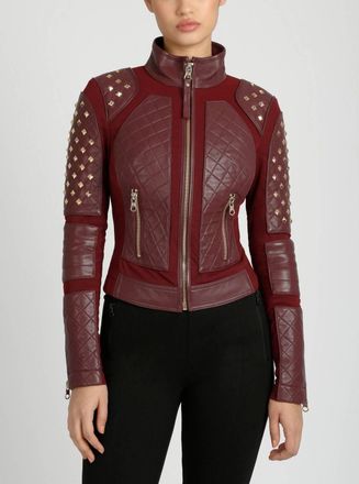 Blanc Noir Pyramid Stud Mesh Genuine Leather Moto Jacket In Oxblood Red