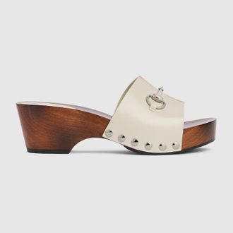 Gucci Womens Platform Clog With Horsebit, Beige, Leather