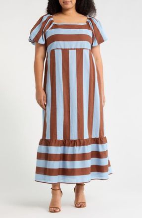Sugarlips Evabella Xena Stripe Puff Sleeve Cotton Maxi Dress in Brown-Blue at Nordstrom, Size 2X
