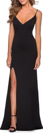La Femme Long Jersey Dress with Cut Out Open Back in Black at Nordstrom, Size 10