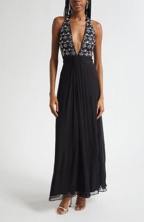 Ramy Brook Martina Embellished Bodice Chiffon Gown in Black at Nordstrom, Size 10