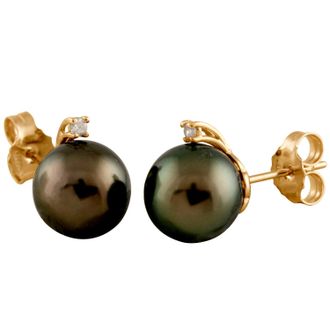 Splendid Pearls 14k Gold Diamond Accented Tahitian Pearl Stud Earrings