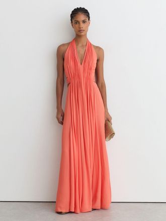 Reiss Coral Pink Petite Halterneck Pleated Maxi Dress, 16