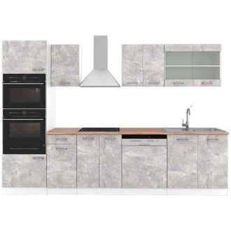 Vicco Mueble de cocina R-Line, Hormigón/Blanco, 300 cm con armario alto, et Roble
