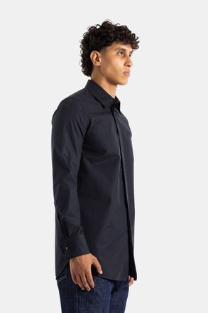 Jil Sander Mens Heavy Organic Black Cotton Shirt With Concealed Button Placket And Classic Collar