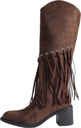 Generic Brown Womens Fashionable Casual Winter Warm Tassel Suede Thick Heel Pointed Maillard Mid Heel High Tube Tassel Boots for Daily