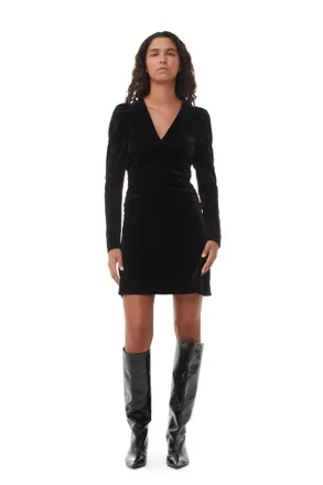 Ganni Black Velvet Jersey Gathered Mini Dress - Size 0