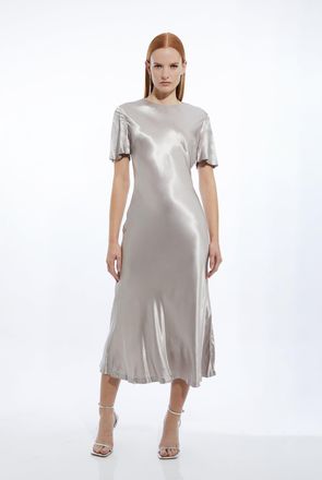Karen Millen Viscose Satin Short Sleeve Midi Dress